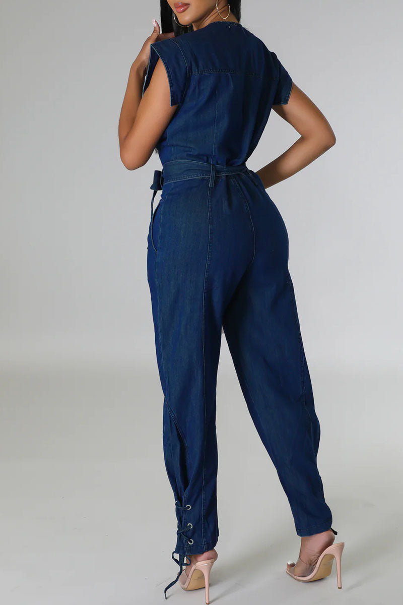 Street Solid Bandage Patchwork Buckle With Belt O Neck Sleeveless Straight Denim Jumpsuits