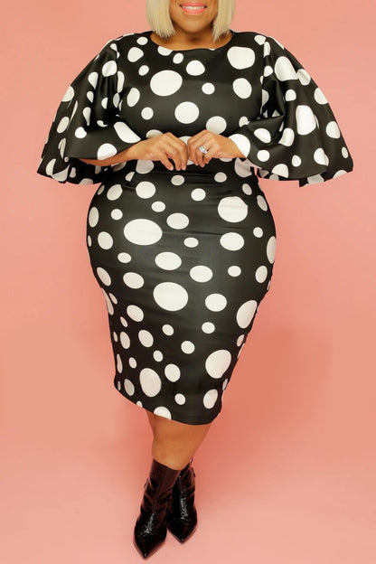 Casual Dot Print Patchwork O Neck Long Sleeve Plus Size Dresses