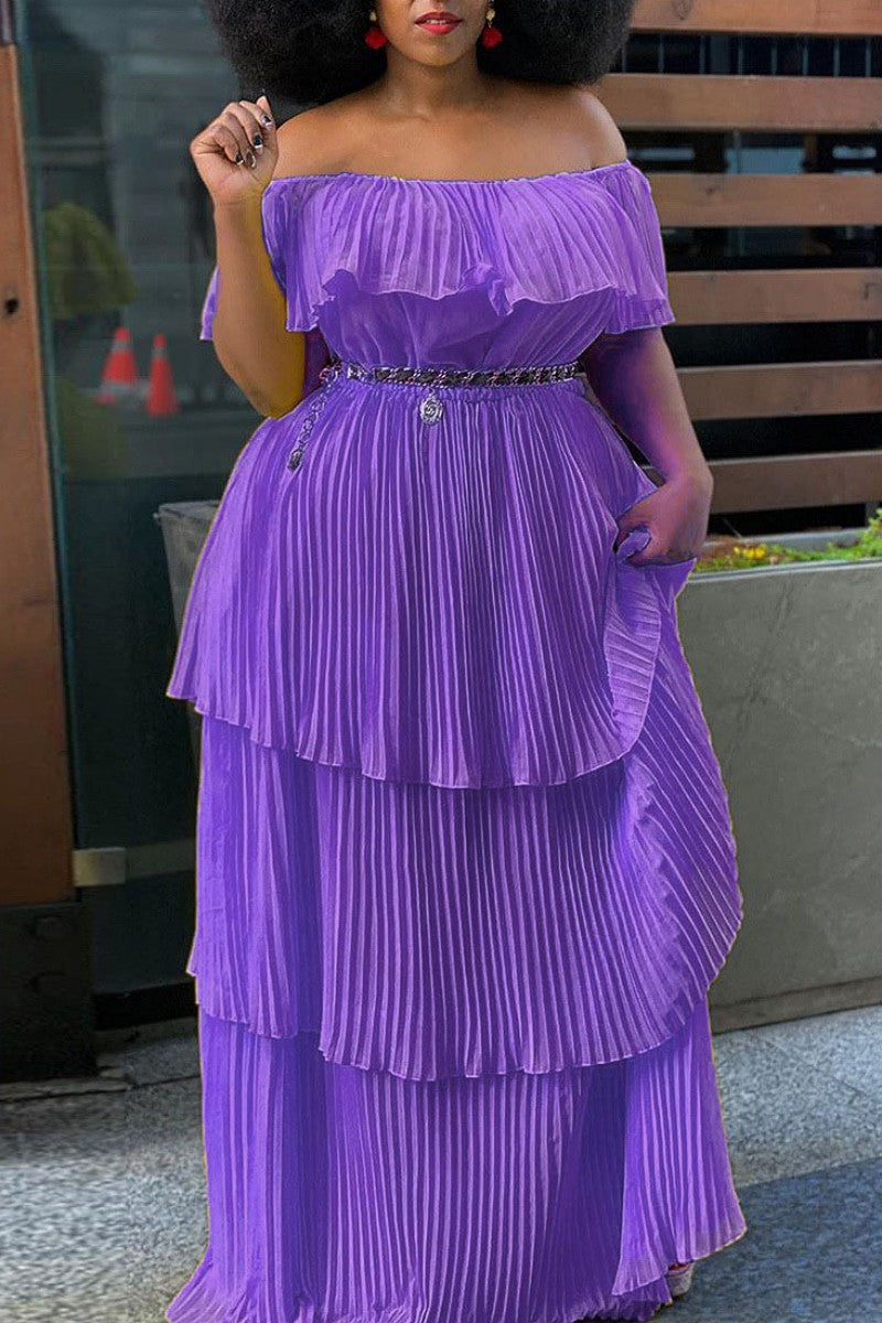Casual Solid Patchwork Off the Shoulder Pleated Dresses (Without Belt)