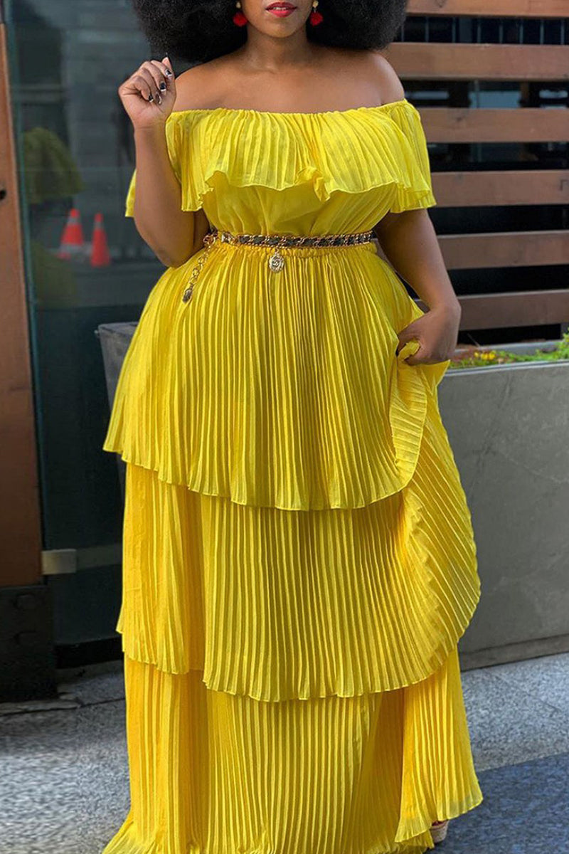 Casual Solid Patchwork Off the Shoulder Pleated Dresses (Without Belt)