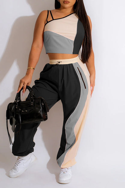 Street Solid Patchwork Asymmetrical Oblique Collar Sleeveless Two Pieces