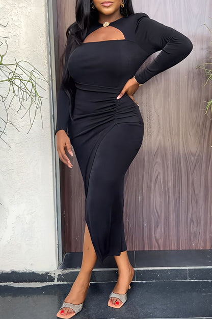 Casual Solid Hollowed Out Slit O Neck Long Sleeve Dresses