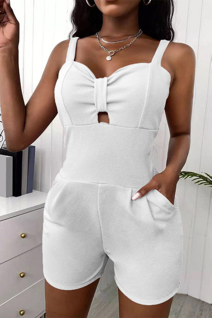 Casual Simplicity Solid Patchwork Cut Out Spaghetti Strap Regular Rompers
