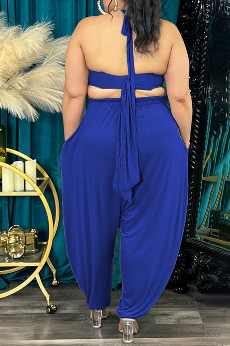 Sexy Solid Bandage Patchwork Backless Asymmetrical Halter Plus Size Two Pieces