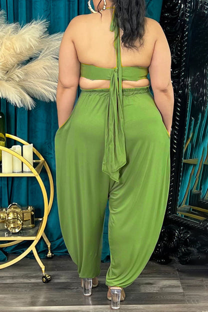 Sexy Solid Bandage Patchwork Backless Asymmetrical Halter Plus Size Two Pieces