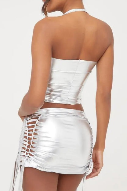 Sexy Solid Frenulum Backless Halter Sleeveless Two Pieces