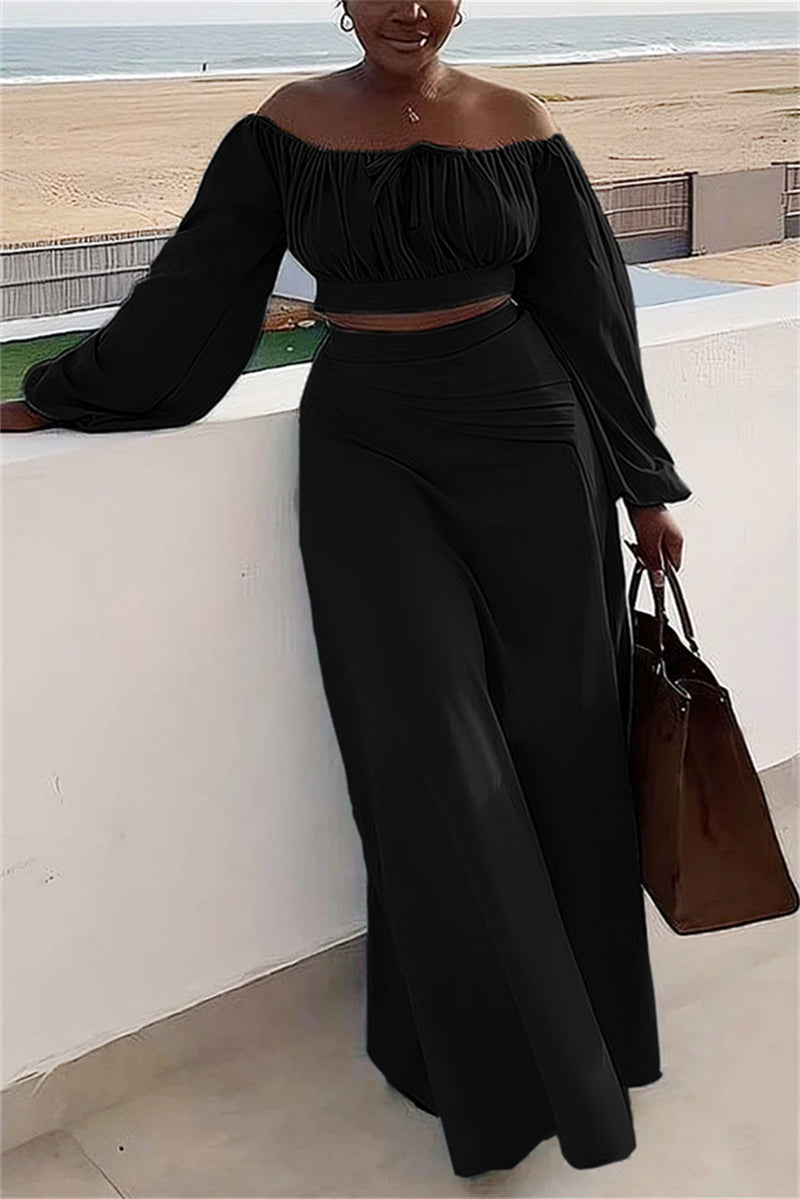Casual Vacation Solid Slit Fold Off the Shoulder Long Sleeve Two Pieces