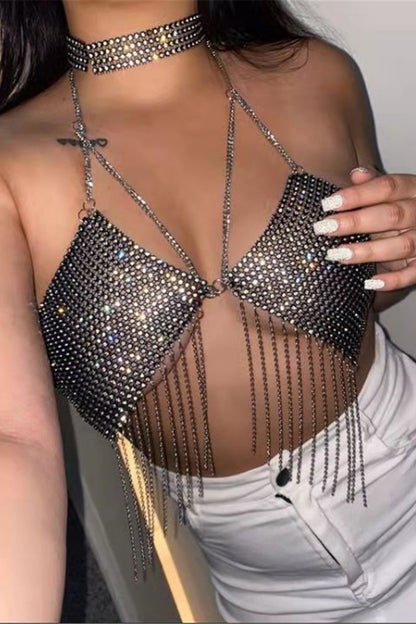 Sexy Patchwork Tassel Chains Backless Halter Tops