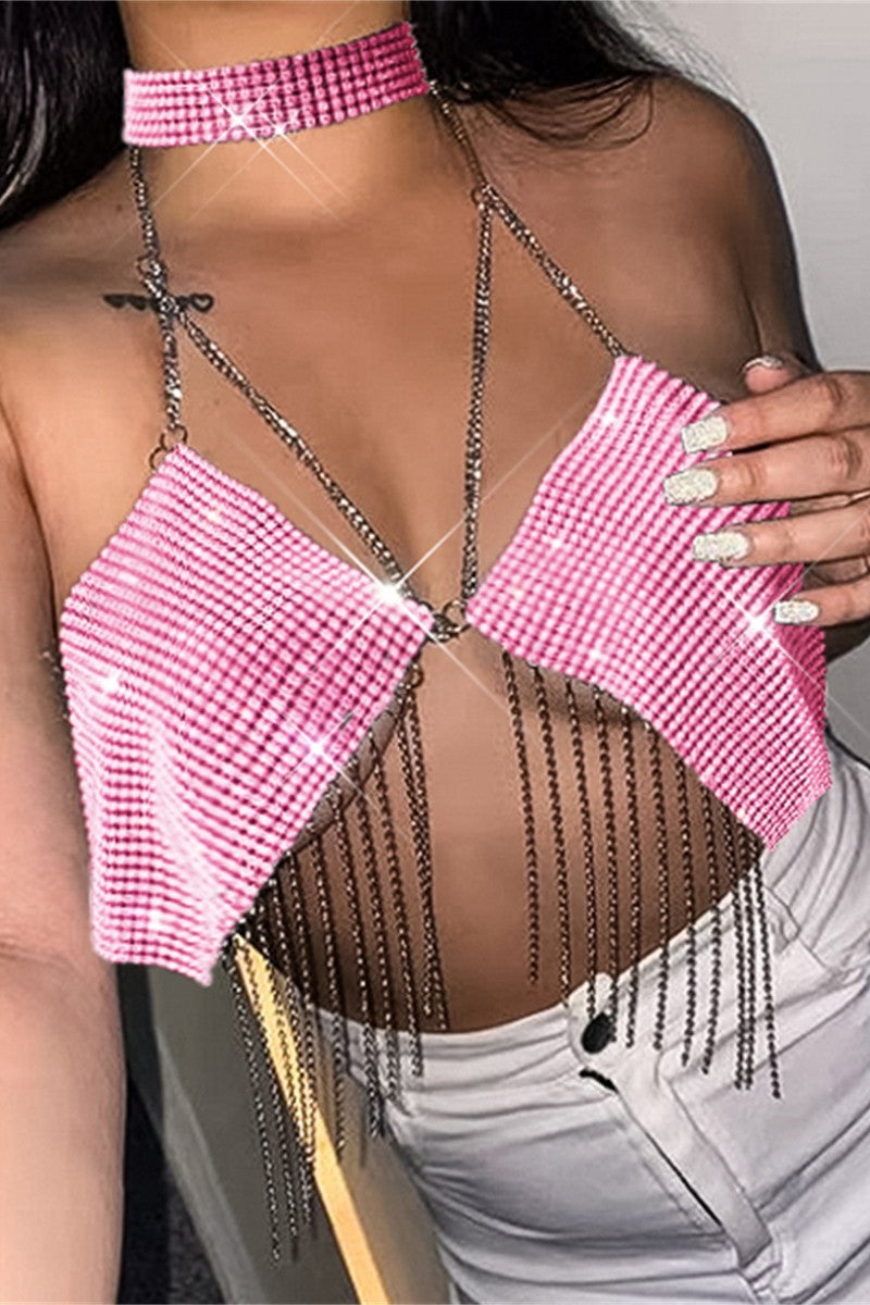 Sexy Patchwork Tassel Chains Backless Halter Tops