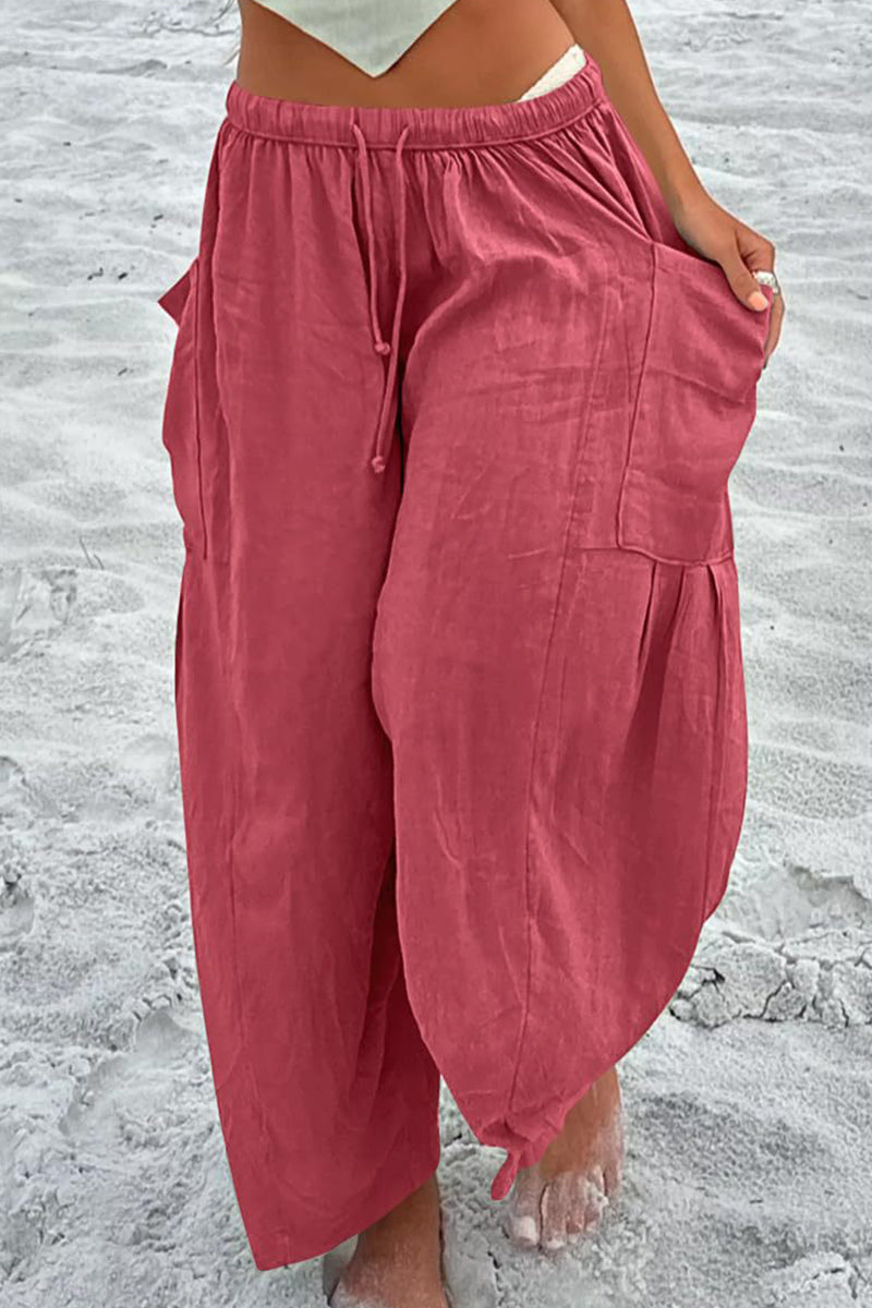 Casual Simplicity Solid Pocket Loose Mid Waist Wide Leg Solid Color Bottoms(7 Colors)