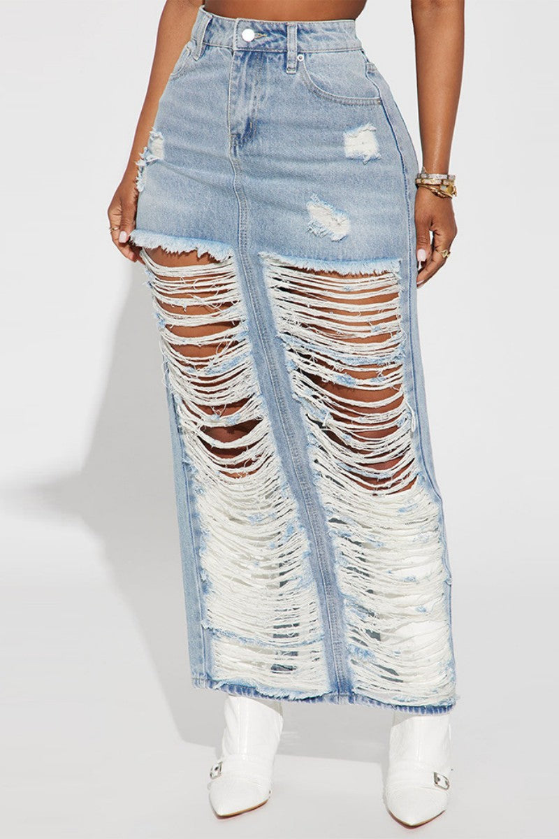 Casual Solid Ripped High Waist Skinny Denim Skirts